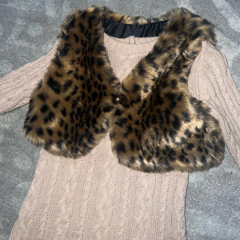 Baby Catherine Malandrino Beige Knit Sweater Dress with Cheetah Faux Fur Vest